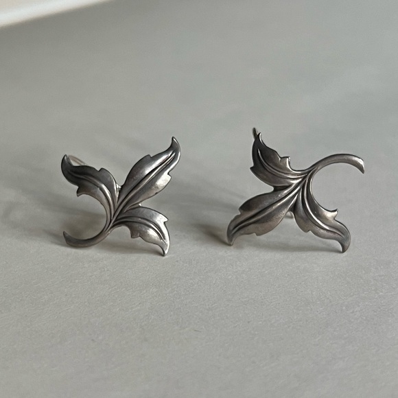 Antique Silver Leaf Earrings, Sterling Silver Conversion Dangle Earrings - Picture 2 of 5